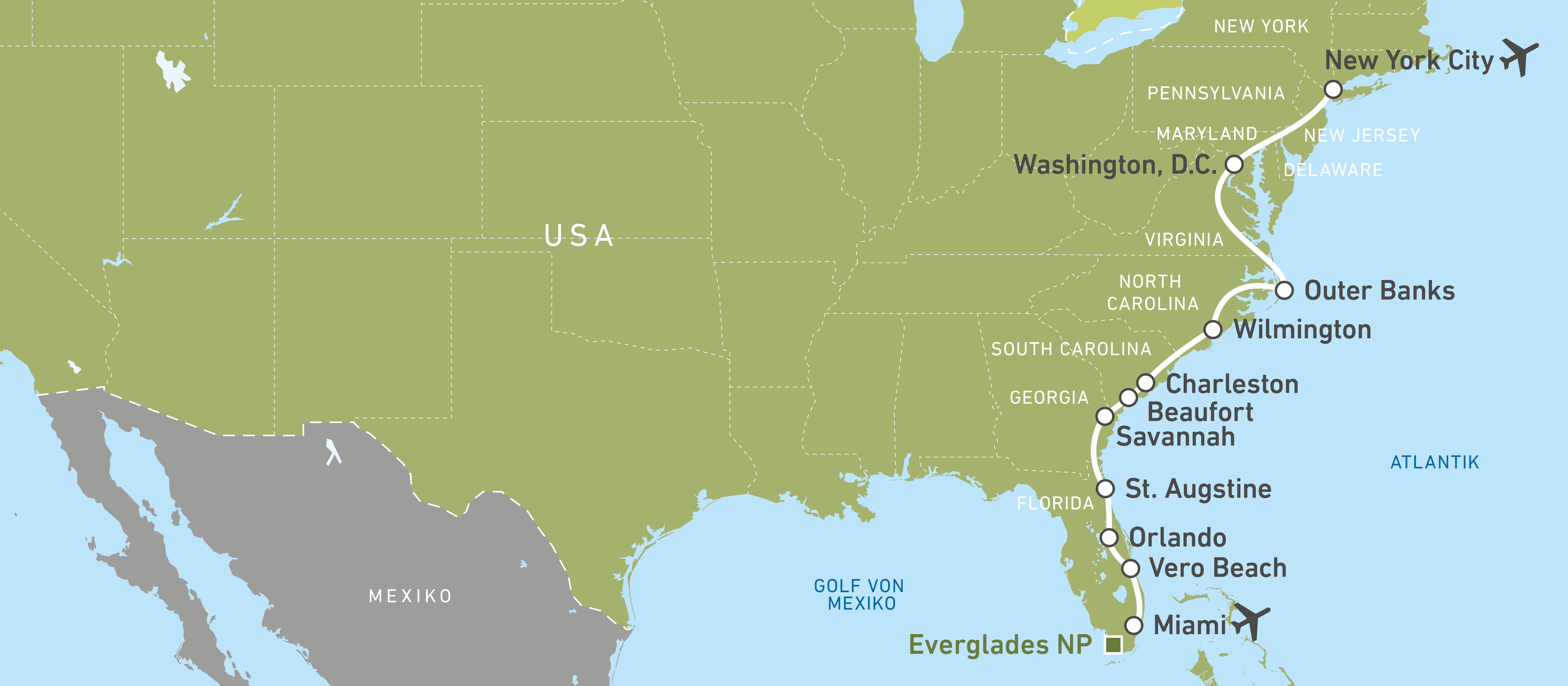 Die Reiseroute von Marcel Külper von New York nach Miami