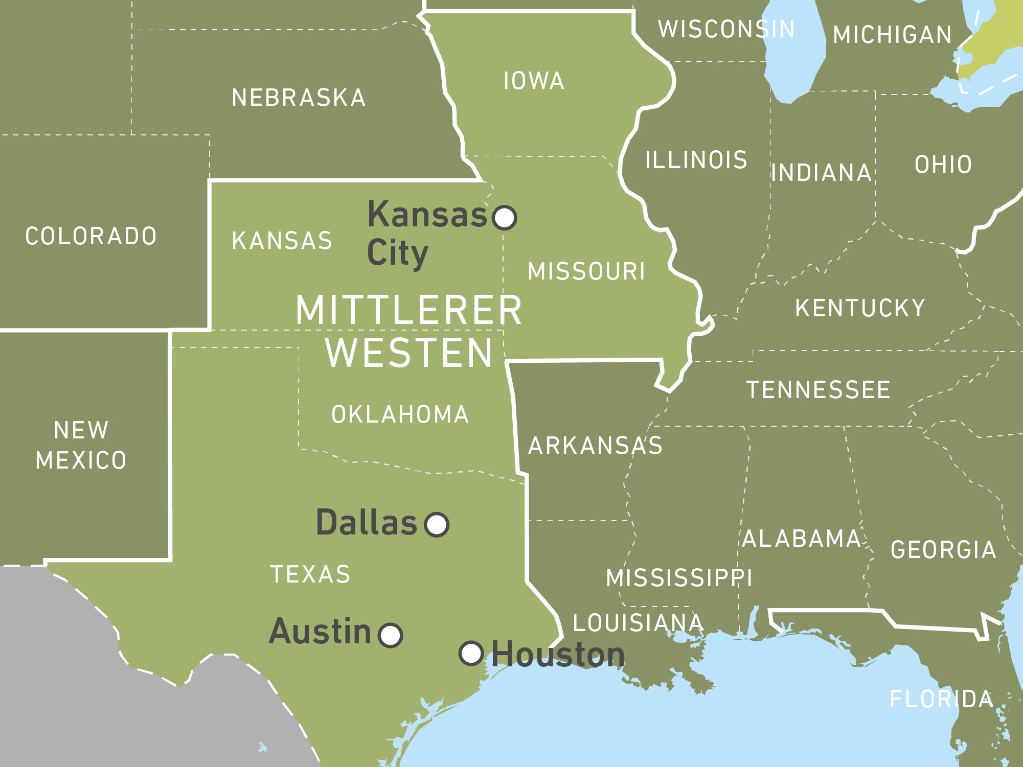 Karte zur Übersicht über den Mittleren Westen der USA