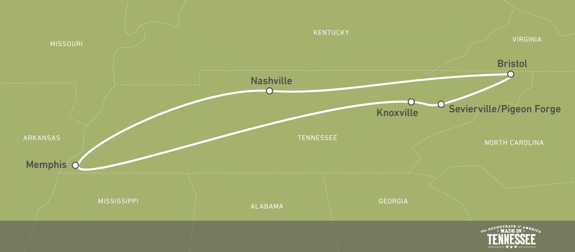Karte einer Scenic Route durch Tennessee