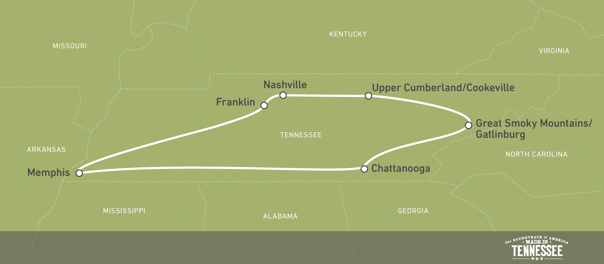 Karte einer Scenic Route durch Tennessee