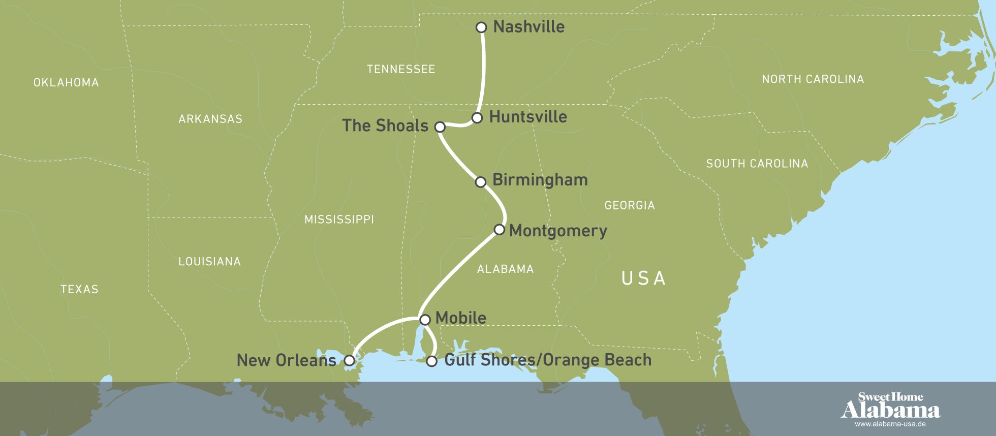 Karte einer Route durch Alabama Karte einer Route durch Alabama