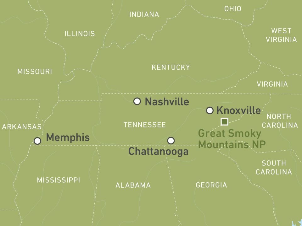 Karte zur Übersicht über die Lage von Tennessee in den USA Karte zur Übersicht über die Lage von Tennessee