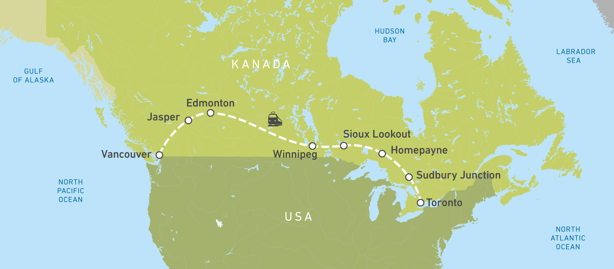 Die Karte der VIa Rail Tour von Toronto nach Vancouver