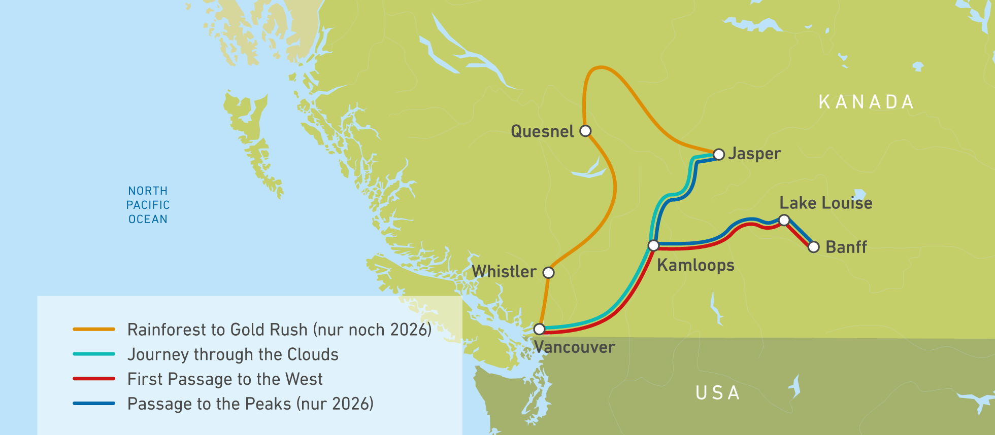 Streckenkarte des Rocky Mountaineer