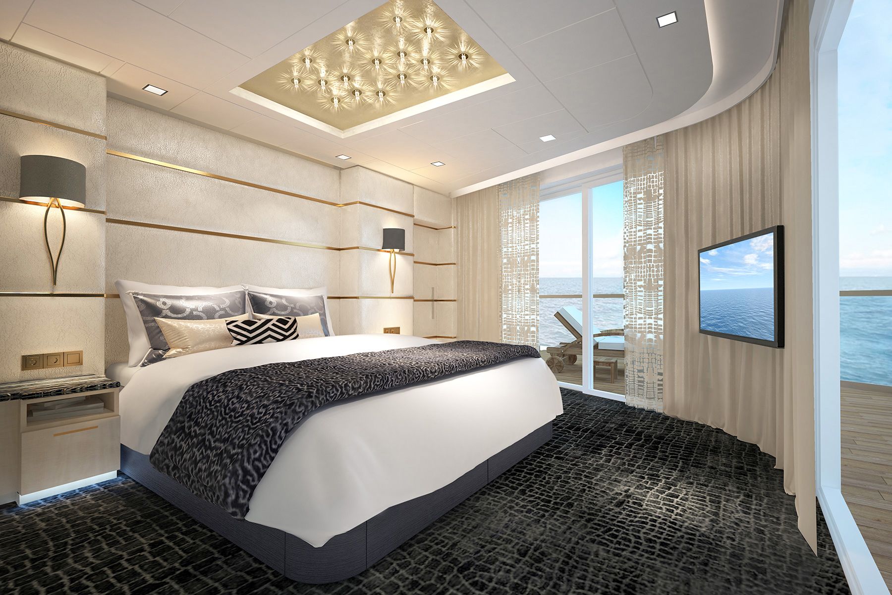 Schlafzimmer der Haven Deluxe Owner Suite, auf der Norwegian Bliss von Norwegian Cruise Line