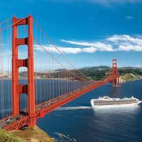 Ship sailing with Grand Princess under Golden Gate Bridge