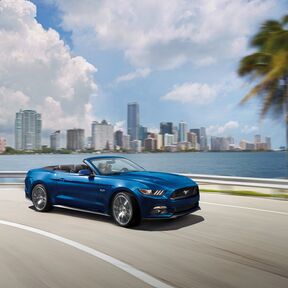 Ein Mustang Cabriolet von Alamo vor der Skyline von Miami in Florida