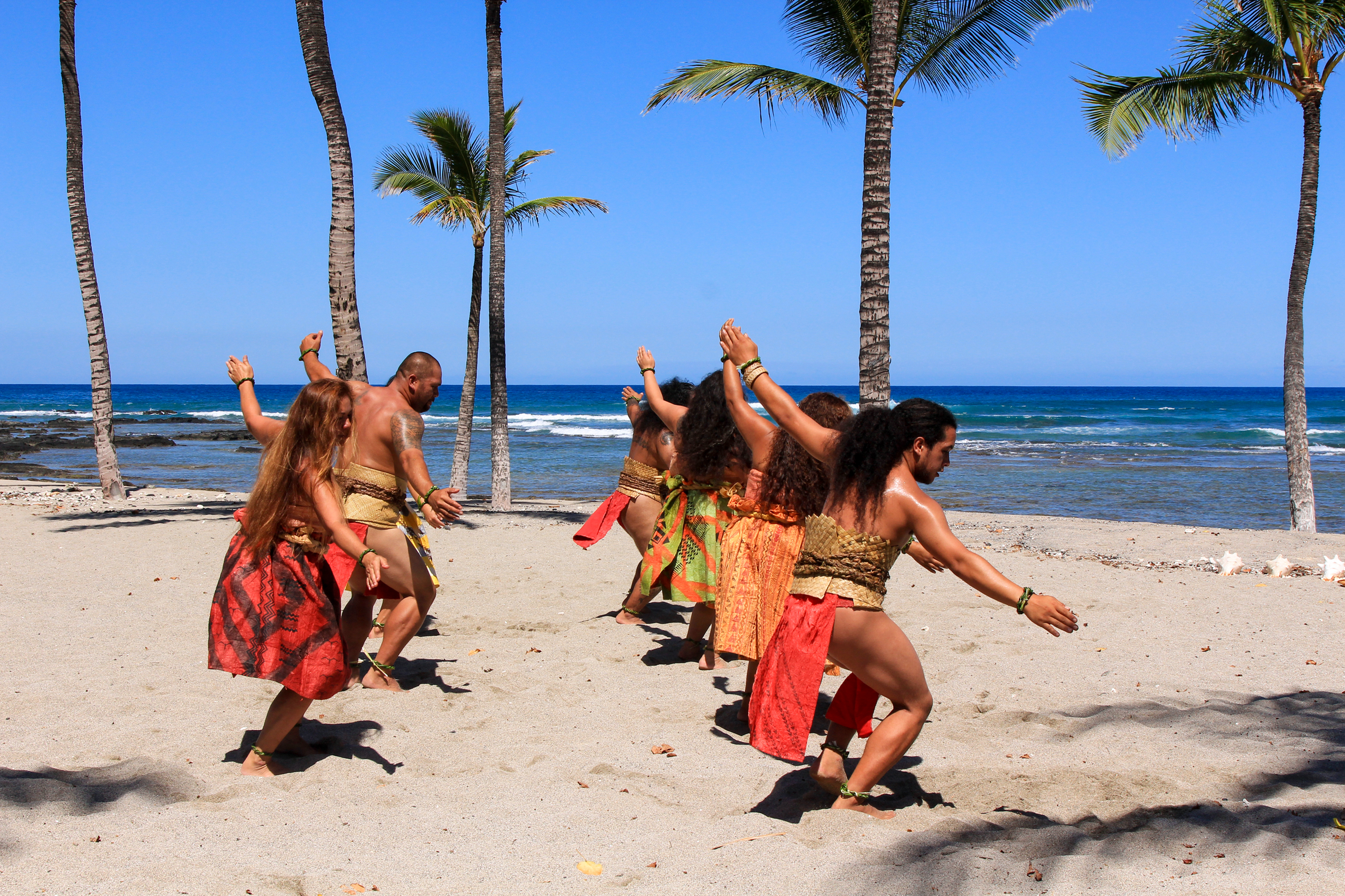 Eine Gruppe tanzt auf Hawaii Island den traditionellen Tanz Halau Na Kipuupuu