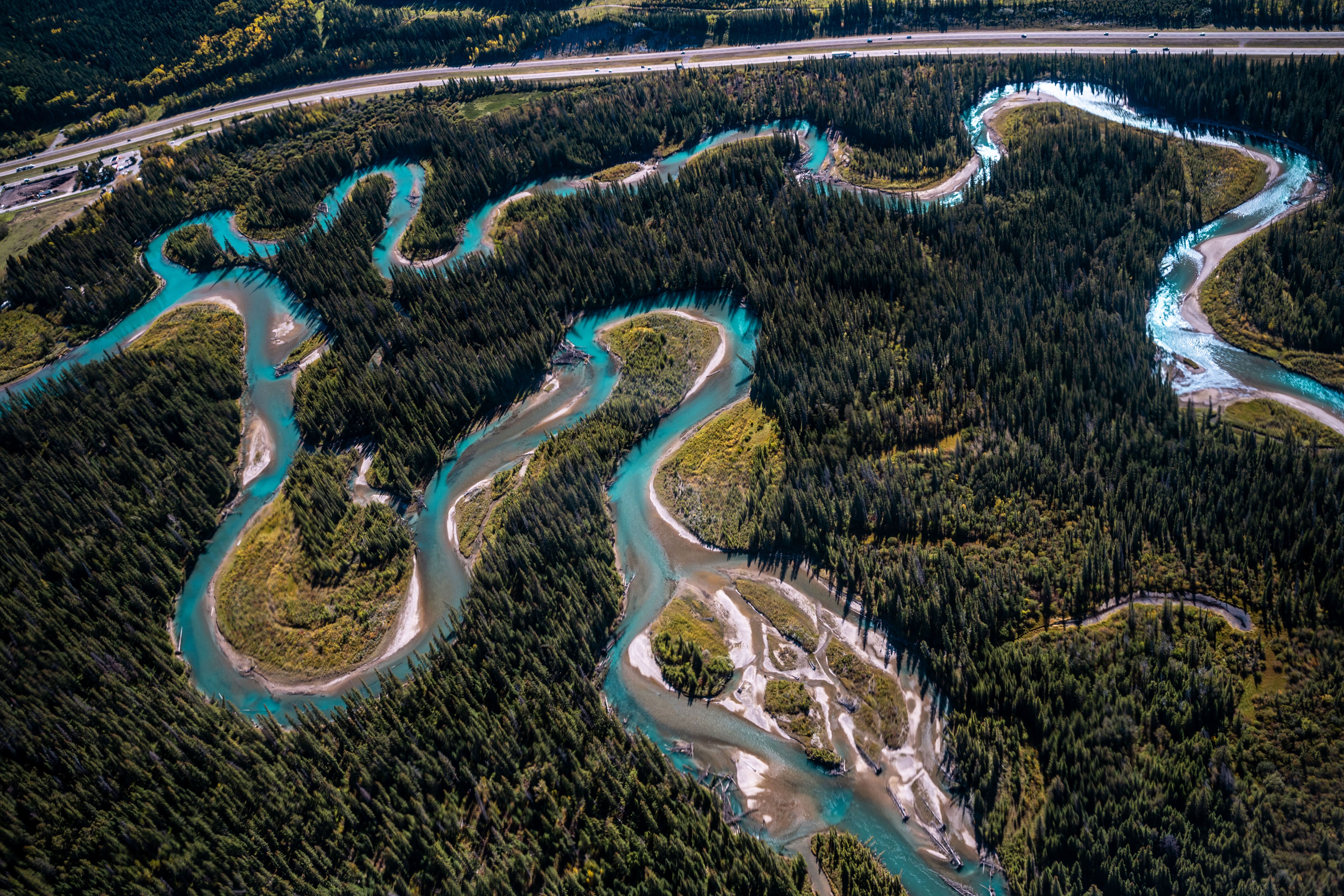 Der türkisfarbene Bow River schlängelt sich in weiten Mäandern durch einen dichten Nadelwald im Banff Nationalpark, direkt parallel zum Trans Canada Highway Der türkisfarbene Bow River schlängelt sich in weiten Mäandern durch einen dichten Nadelwald im Banff Nationalpark, direkt parallel zum Trans Canada Highway