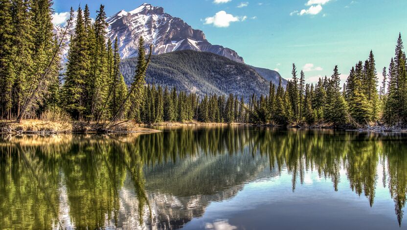 Spiegelnder Cascade Mountain im Bow River des Banff National Parks in Alberta