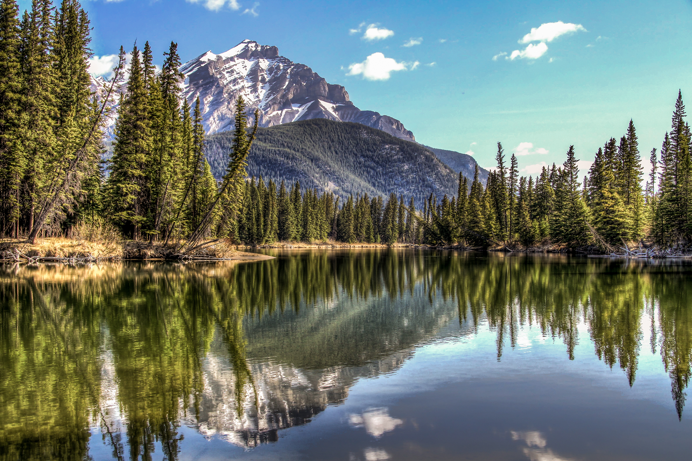 Spiegelnder Cascade Mountain im Bow River des Banff National Parks in Alberta