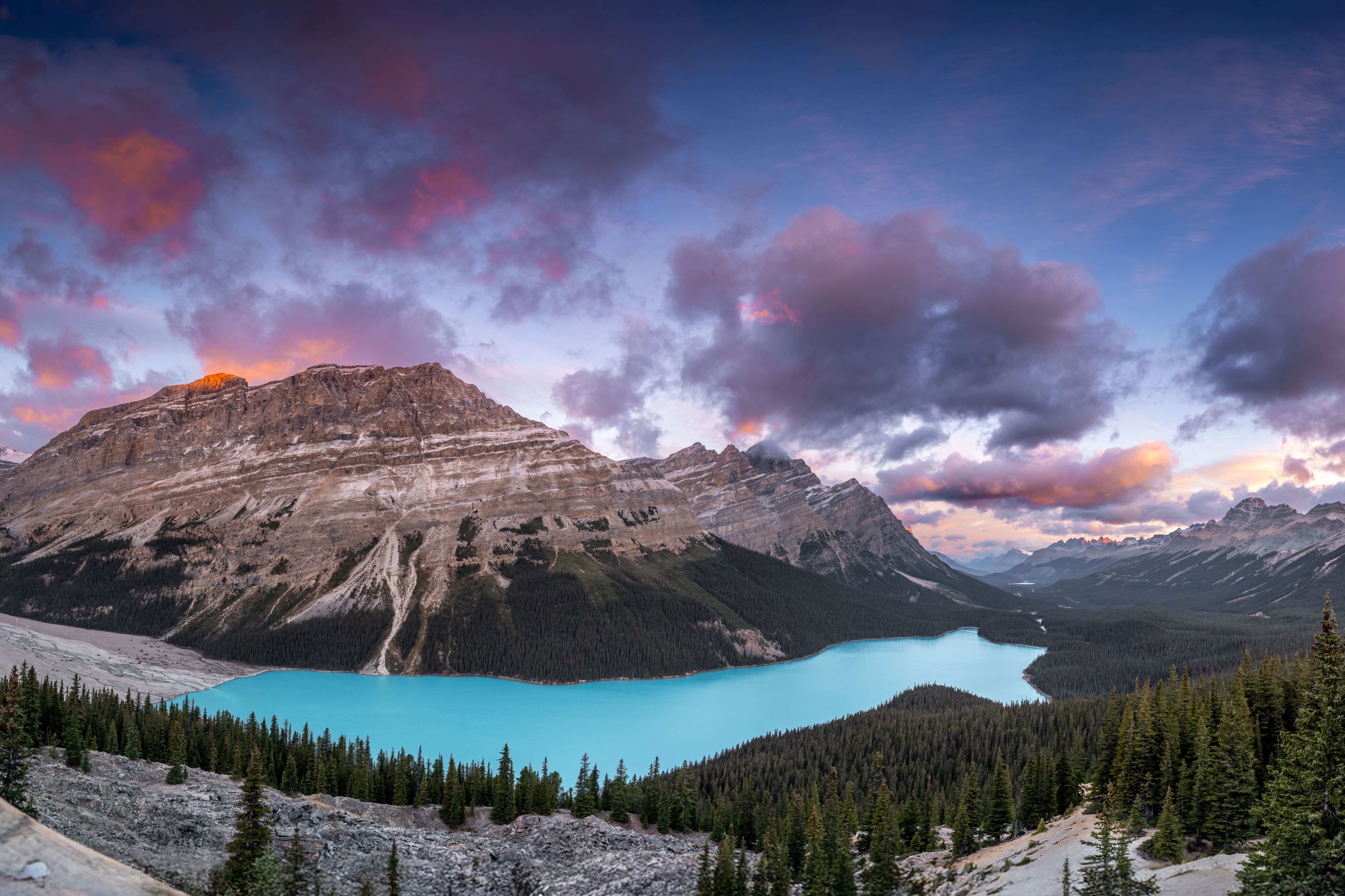 Der leuchtend türkisfarbene Peyto Lake ruht eingebettet in dichte Nadelwälder vor der markanten Bergkulisse des Banff Nationalparks unter einem farbenfrohen Himmel