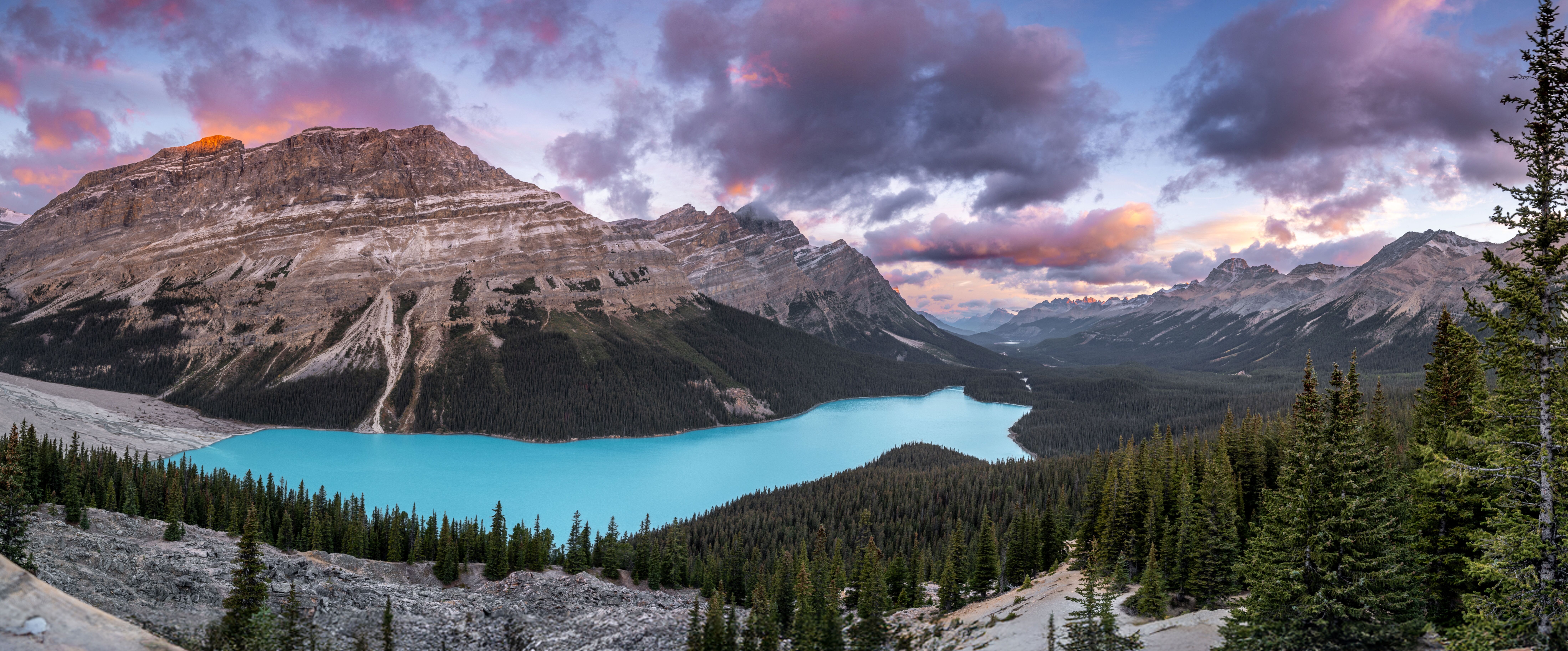 Unterwegs auf der Mutter aller Straßen Der leuchtend türkisfarbene Peyto Lake ruht eingebettet in dichte Nadelwälder vor der markanten Bergkulisse des Banff Nationalparks unter einem farbenfrohen Himmel