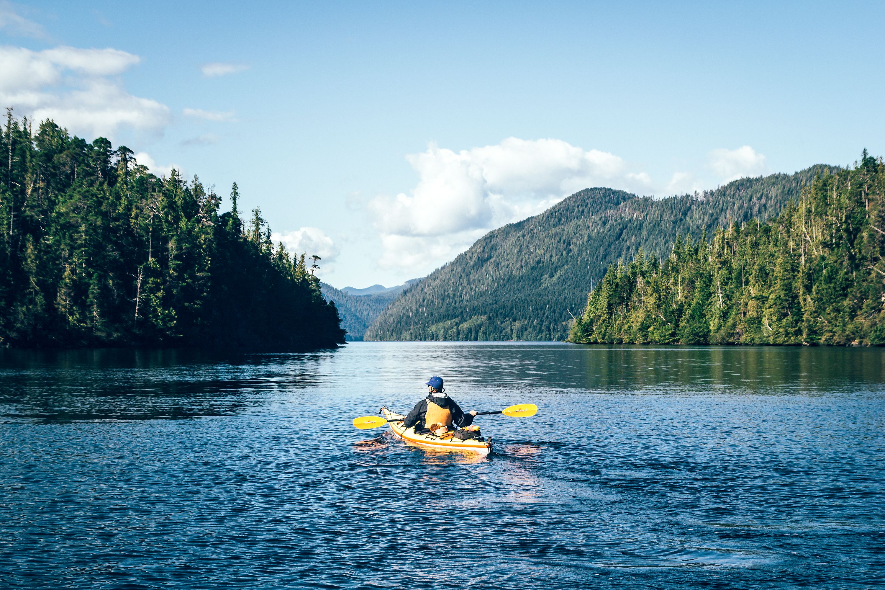 Kajak laeuft in Haida Gwaii ein