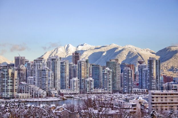 Vancouvers Skyline im Schnee, British Columbia