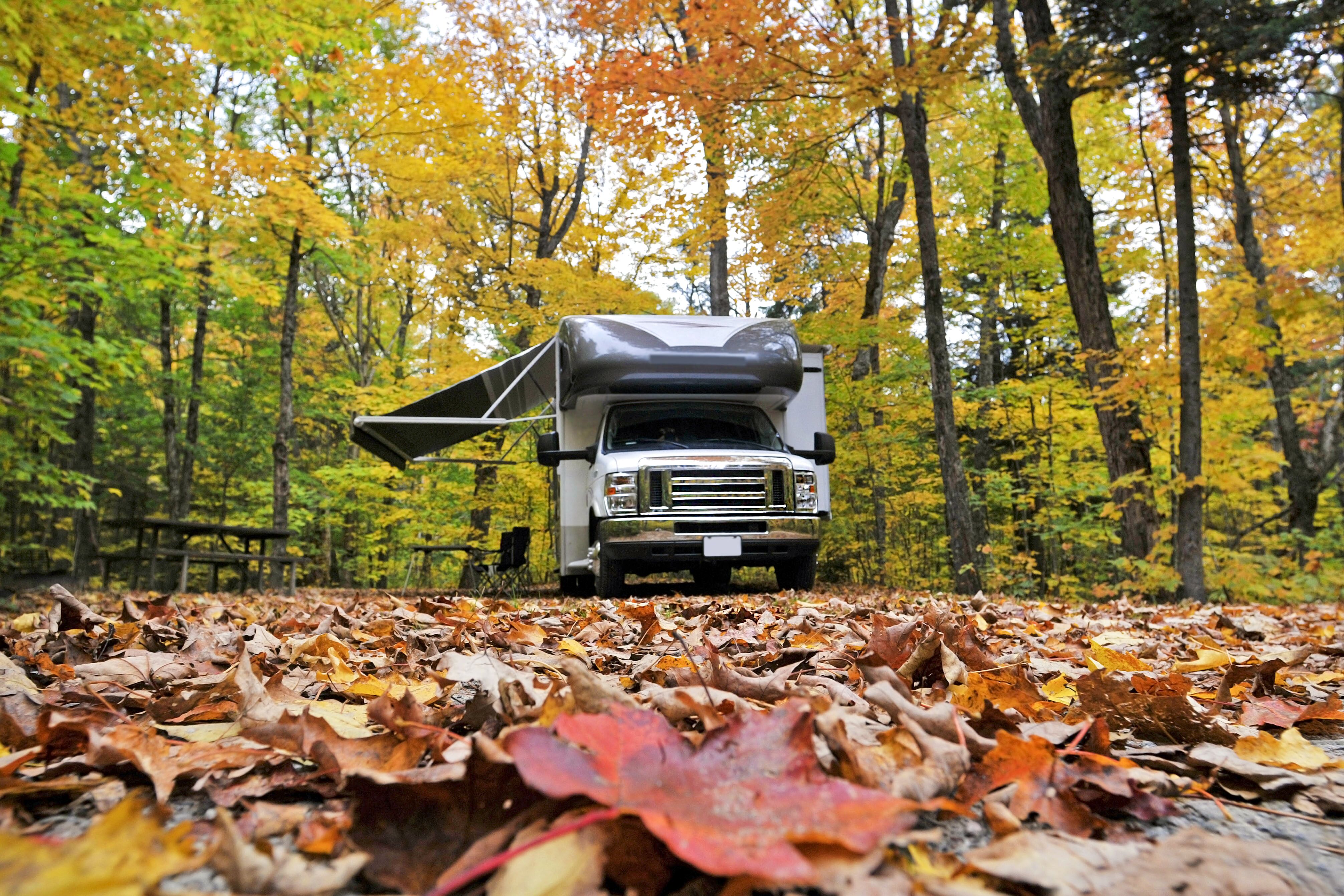 Unterwegs mit einem Wohnmobil im Herbstlaub des Indian Summers in Ontario