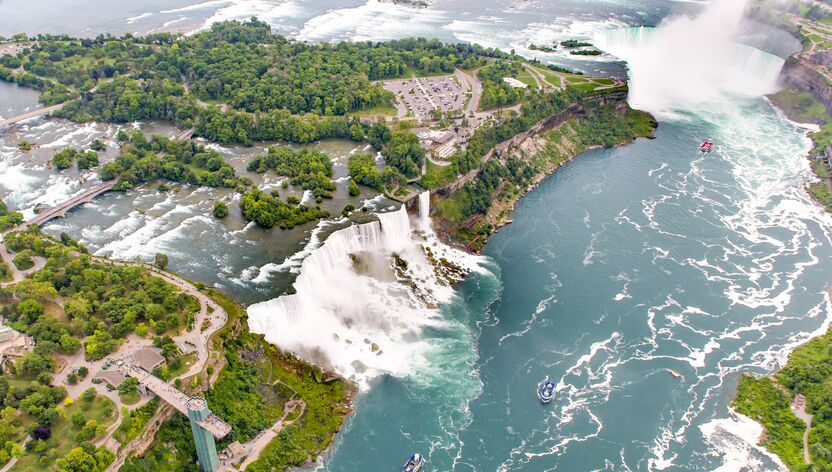 Blick aus der Vogelperspektive auf die beeindruckenden Niagarafälle an der Grenze von USA und Kanada