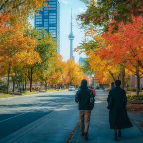 Zwei Leute laufen durch die Strassen von Toronto mit Bäumen in Herbstfarben getaucht