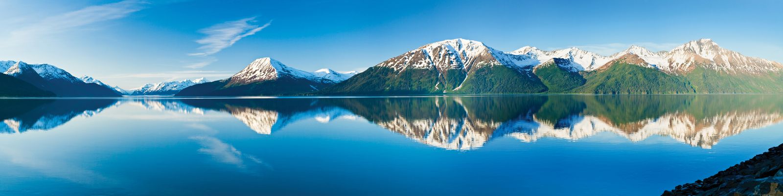 Alaska summer scenic, panoramic, Turnagain Arm, Kenai Mountains, high tide, from near Bird Pt. Chugach SP