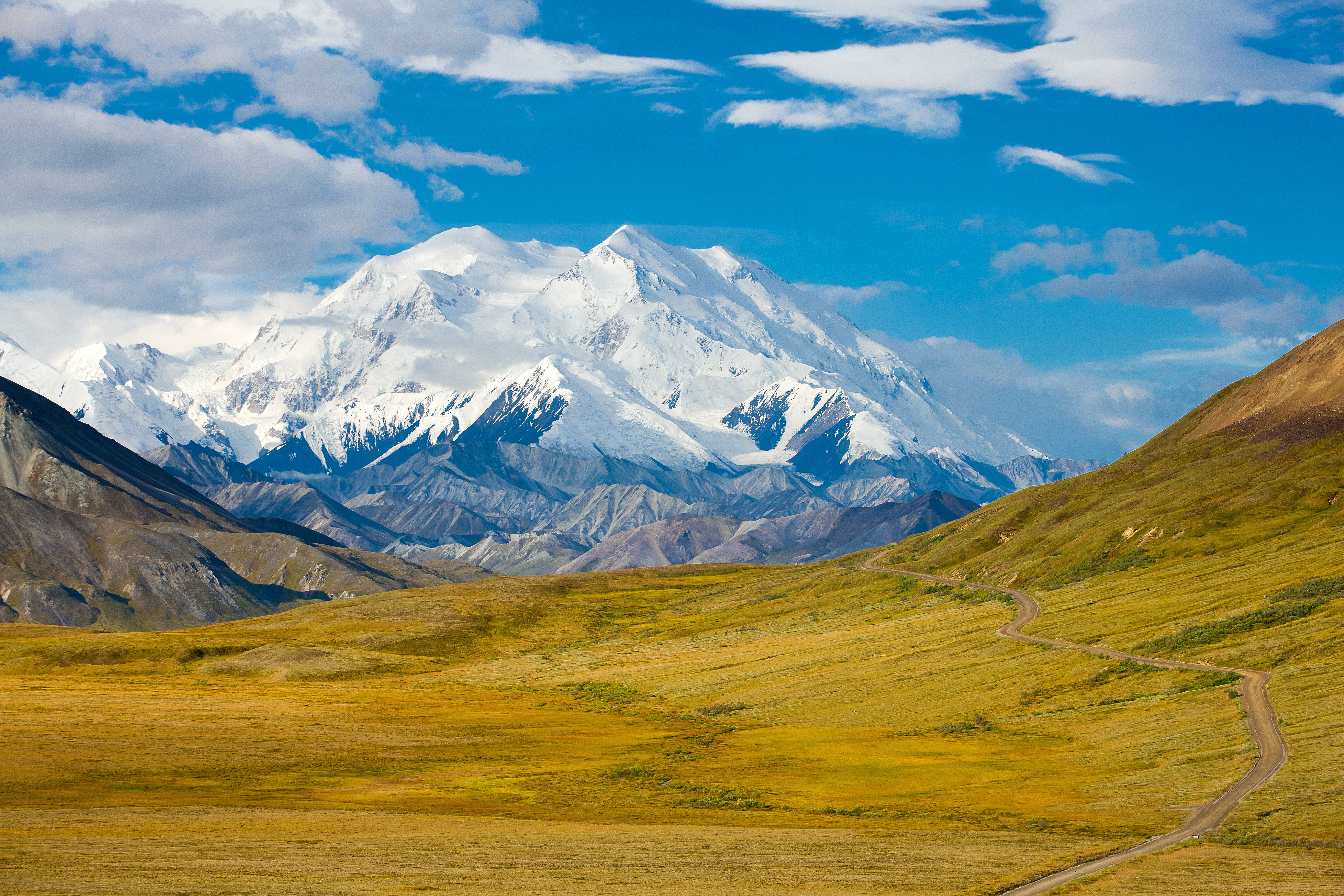 Denali National Park, View of Park Road and Mt. Denali looking west toward Fish Creek, Thorofare Pass and Eielson Visitor Center