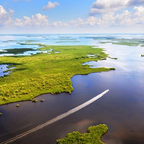 Ein Boot fÃ¤hrt vom Joe River in die Whitewater Bay im Everglades National Park, Florida