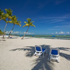 Zwei Sonnenliegen am Smathers Beach auf Key West, Florida Keys, Florida