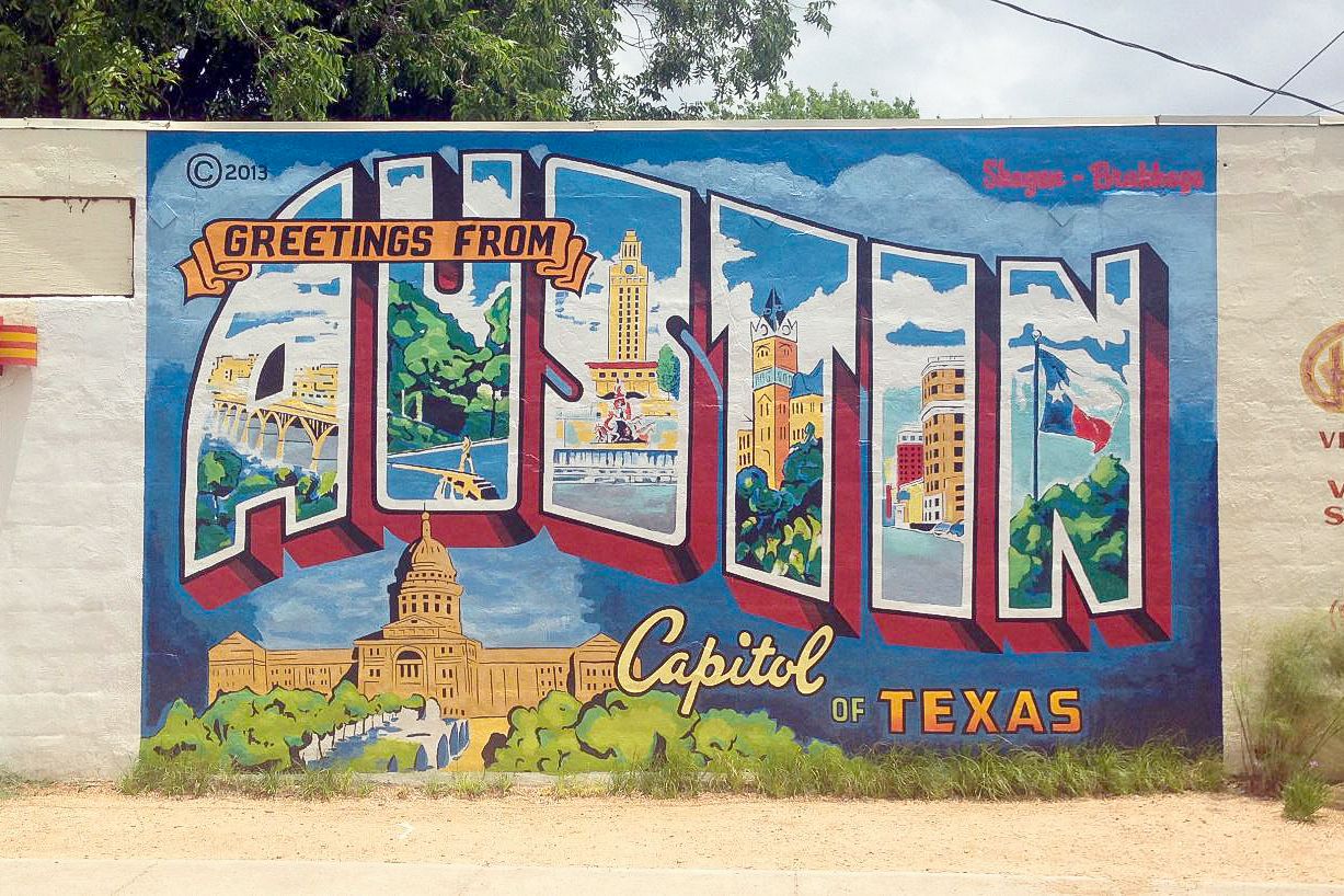 Ein â€žGreetings from Austin" WandgemÃ¤lde in Austin