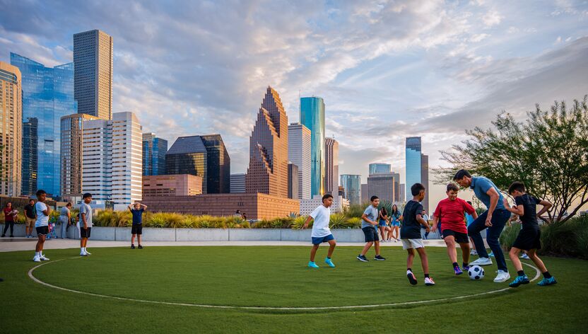 Fußballspiel in einem Park in Houston Fußballspiel in einem Park in Houston