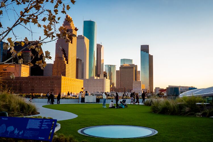 Die Skyline von Houston im Licht des Sonnenuntergangs