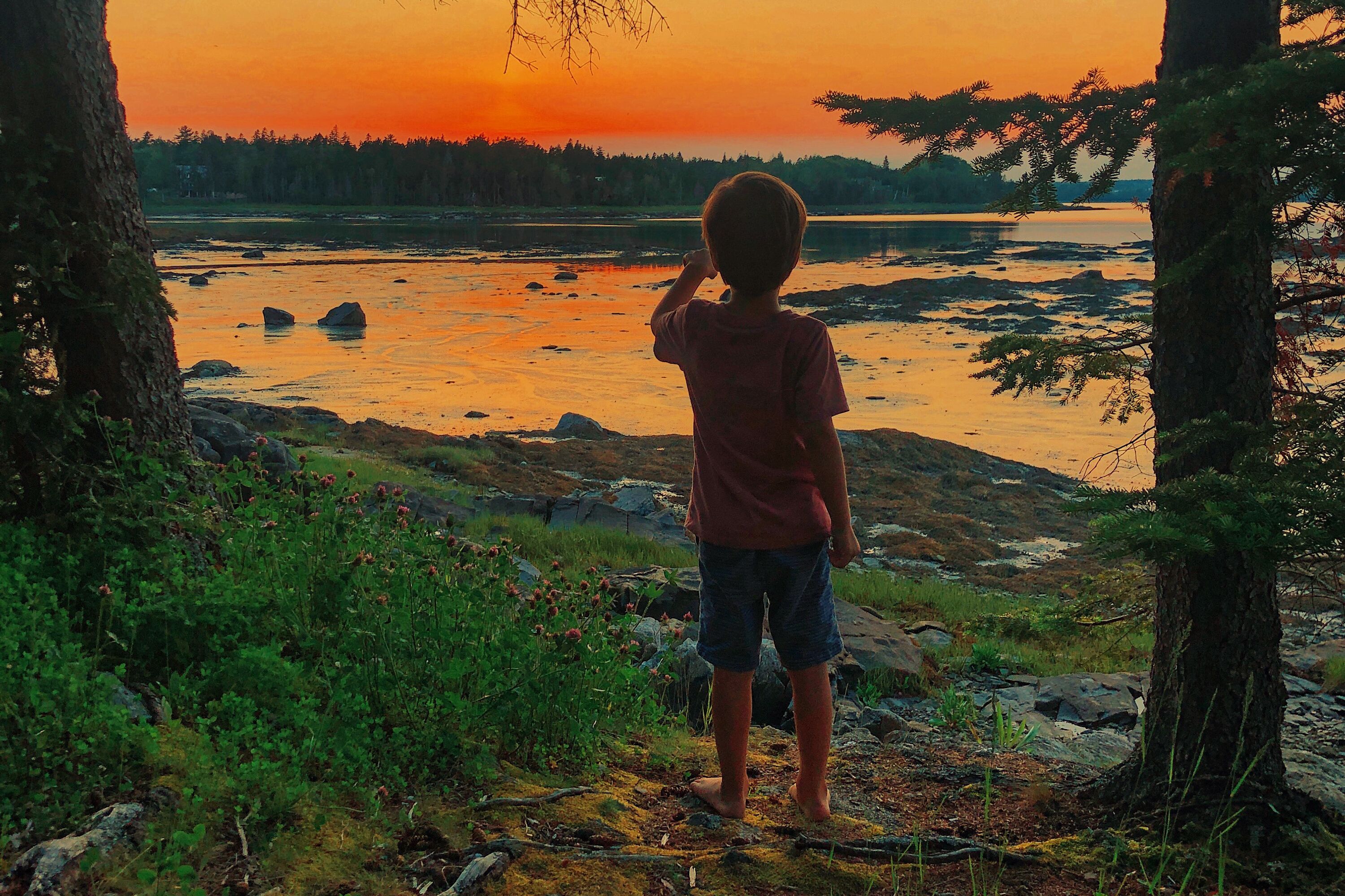 Ein Junge genießt den Sonnenuntergang bei Bar Harbor auf Mt. Desert Island in Maine
