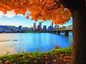 Blick auf die Skyline von Portland vom Ufer des Willamette Rivers