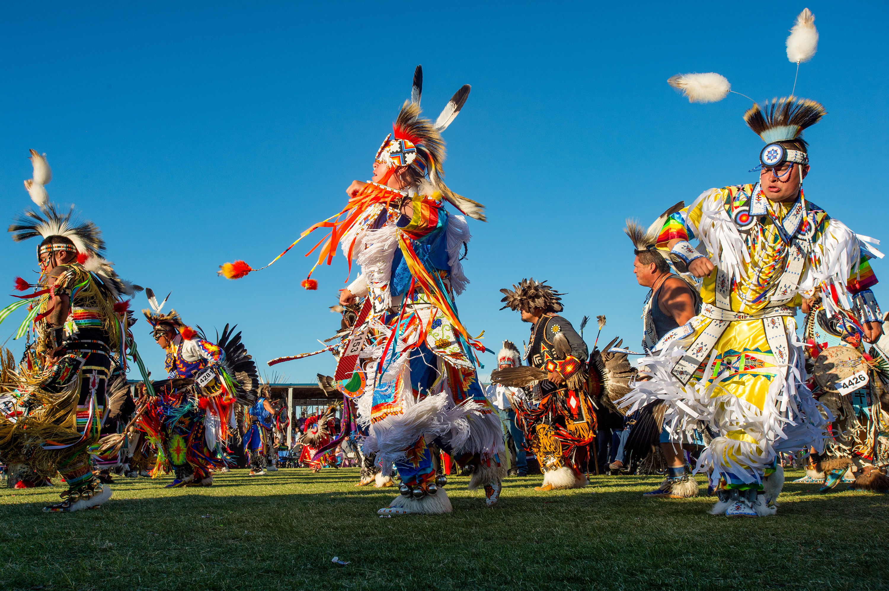 Ureinwohner führen bei einem Pow Wow der North American Indian Days in Montana traditionelle Tänze vor