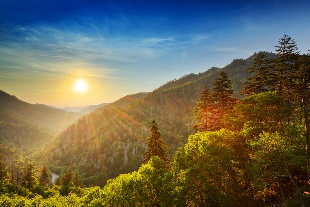 Goldener Sonnenuntergang in Newfound Gap in den Great Smoky Mountains in Tennesee Goldener Sonnenuntergang in Newfound Gap in den Great Smoky Mountains in Tennesee