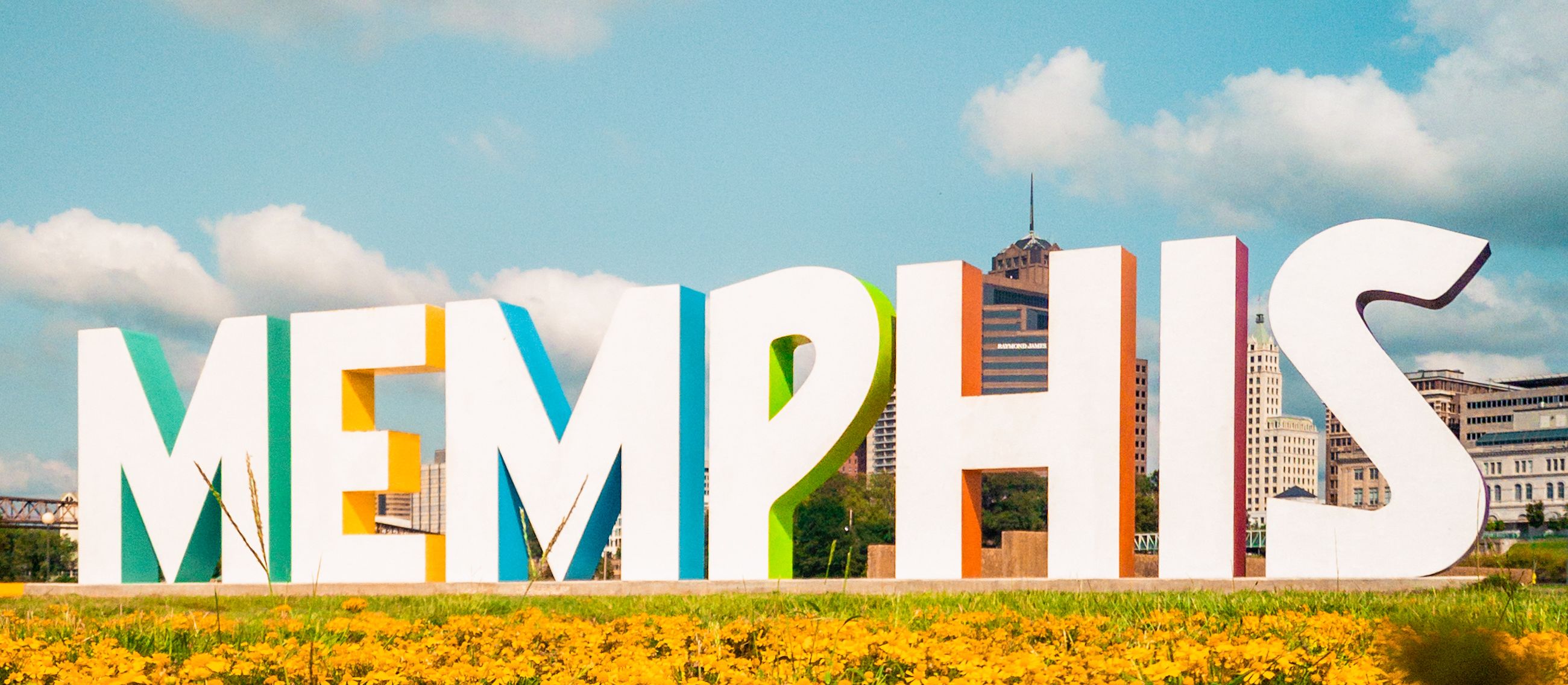 Das Memphis Sign in einem Blumenfeld auf Mud Island
