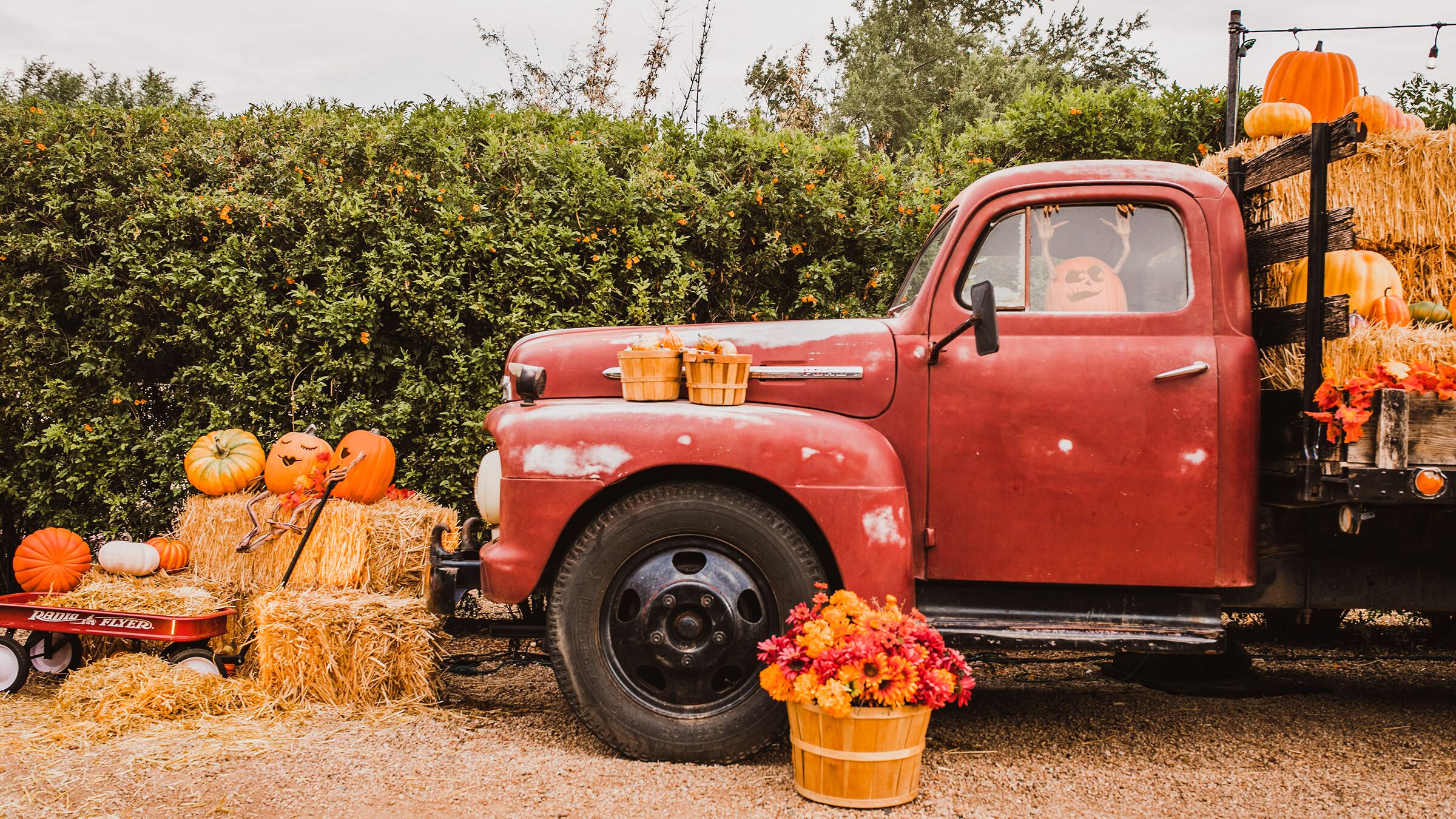 Herbstlich geschmückter Truck, der mit Strohballen, Blumen und Kürbissen beladen ist