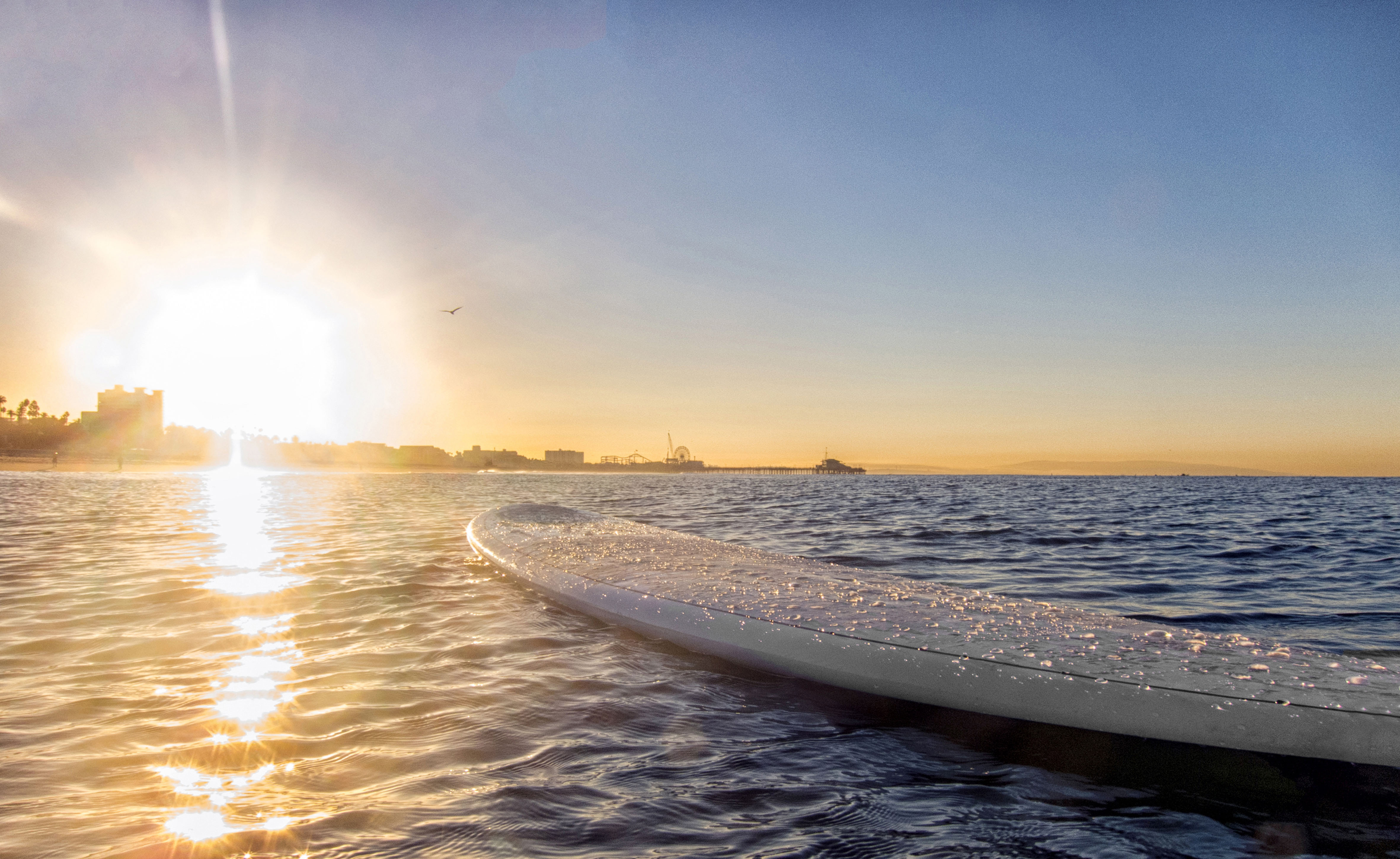 Surfbrett im Wasser mit der Santa Monica Pier und dem Pacific Park im Hintergrund, Kalifornien