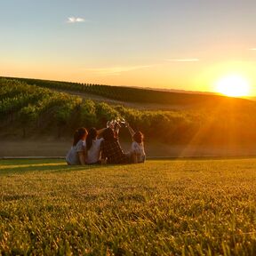 Freunde freuen sich auf ein Glas Wein bei Sonnenuntergang