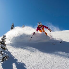 Eine Skifahrerin genießt den frischen Powder-Schnee des Deer Valley in Park City, Utah