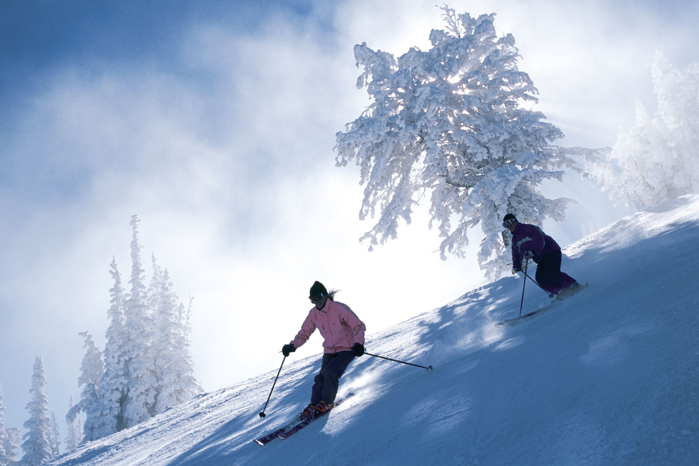 Skiing on a bluebird powder day.